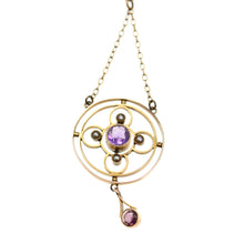 Load image into Gallery viewer, Edwardian/Art Nouveau Amethyst &amp; Seed Pearl 9ct gold lavalier pendant necklace

