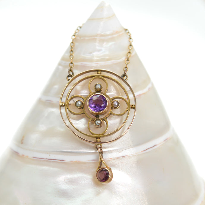 Edwardian/Art Nouveau Amethyst & Seed Pearl 9ct gold lavalier pendant necklace