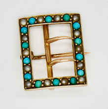 Load image into Gallery viewer, Edwardian 9ct gold turquoise and seed pearl buckle brooch
