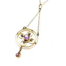 Load image into Gallery viewer, Edwardian/Art Nouveau Amethyst &amp; Seed Pearl 9ct gold lavalier pendant necklace
