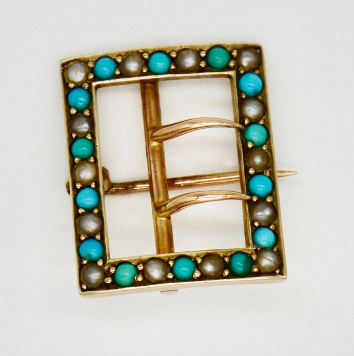Edwardian 9ct gold turquoise and seed pearl buckle brooch