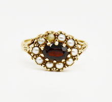 Load image into Gallery viewer, Victorian 9ct gold ring inset with garnet flanked by seed pearls
