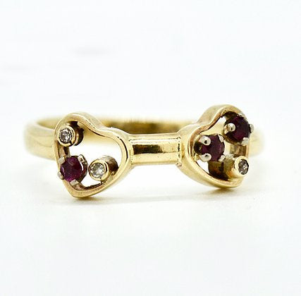Vintage 9ct gold diamond and ruby double heart ring