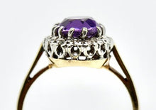 Load image into Gallery viewer, Vintage 9ct gold ring inset with central amethyst flanked by diamonds
