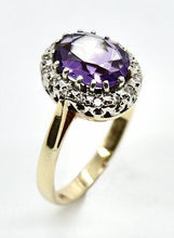 Load image into Gallery viewer, Vintage 9ct gold ring inset with central amethyst flanked by diamonds
