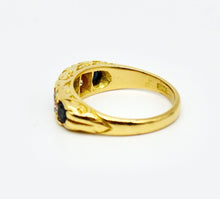 Load image into Gallery viewer, An early 20th century 18ct gold 5-stone sapphire and diamond half hoop ring
