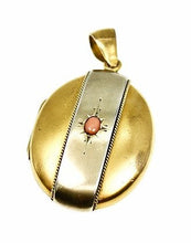 Load image into Gallery viewer, Victorian large gilt locket set with a coral cabochon
