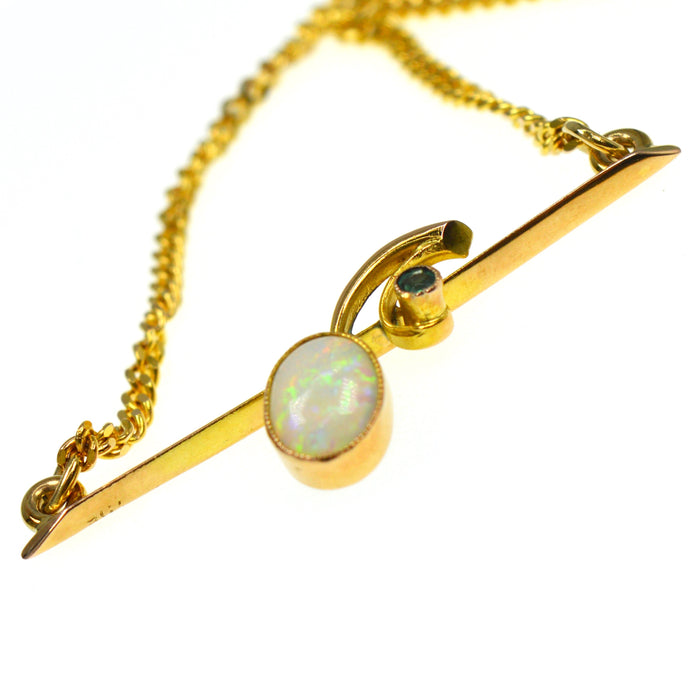 Vintage 9ct Gold Opal Cabochon Emerald Pendant Necklace