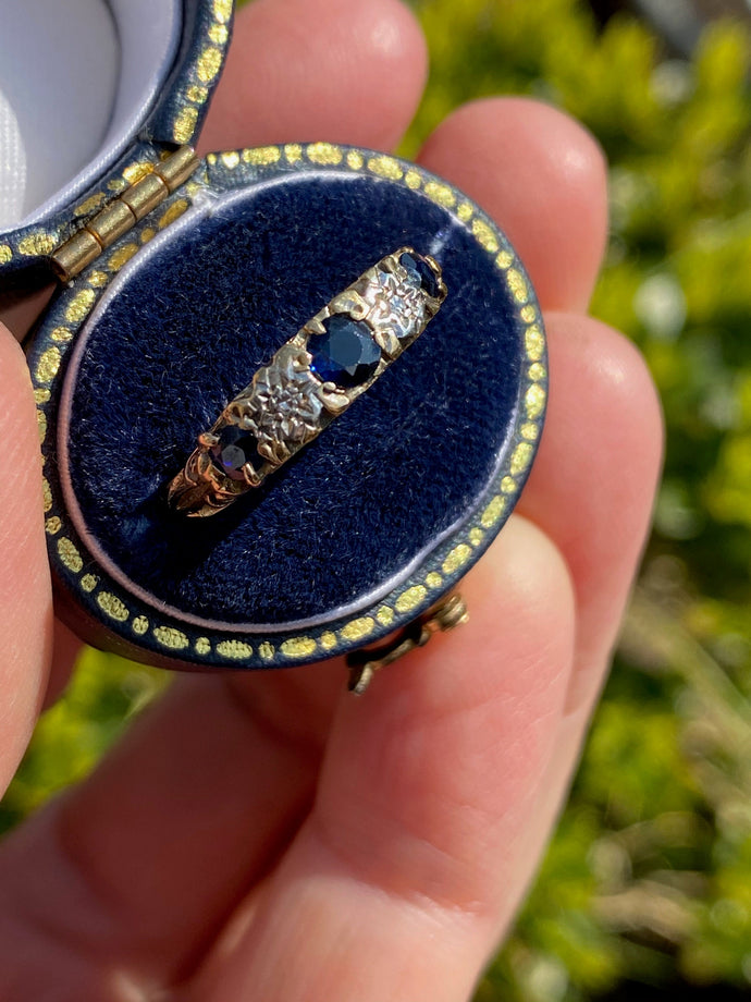 9ct gold 5-stone sapphire and diamond half hoop ring